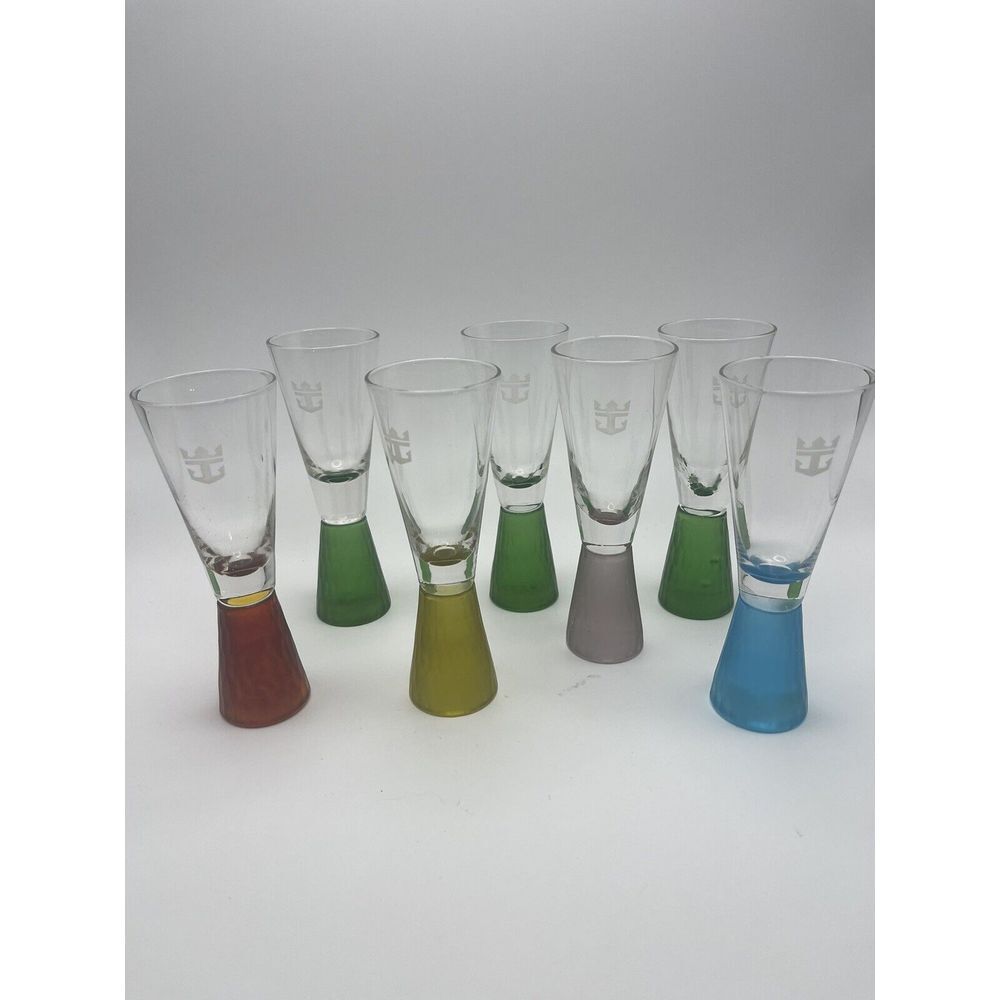 Royal Caribbean Vintage Shot Glasses Set‎ (7) Assorted Frosted Base Colors 2 Oz